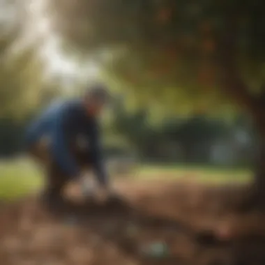 Gardener Assessing Soil for Opal Sweet Apple Trees A gardener inspecting the soil around an Opal Sweet Apple Tree for optimal growth conditions