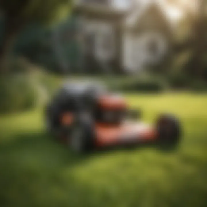 A sleek push mower in action on a lush green lawn