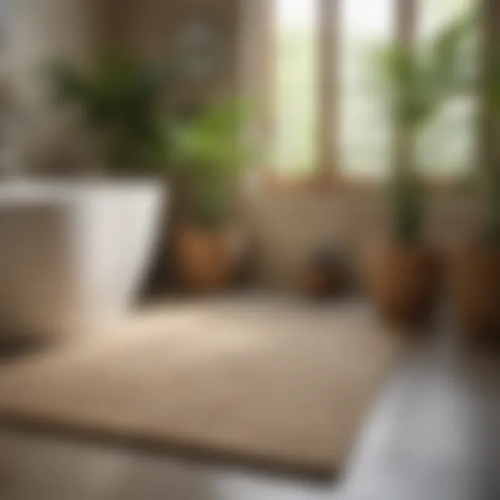 Eco-friendly bath decor featuring a sisal mat with potted plants and natural lighting