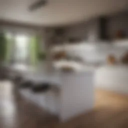 Sleek modern small kitchen island with integrated seating