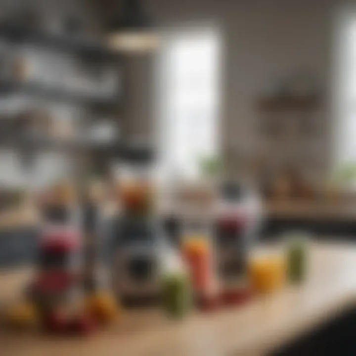 An organized kitchen showcasing multiple smoothie maker models