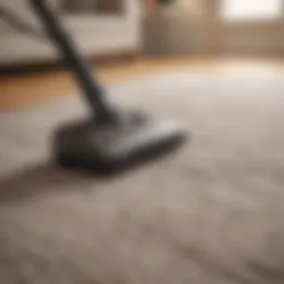 A stylish cord-free vacuum cleaner in action on a modern living room carpet.