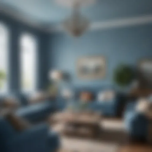 A serene living room adorned with blue country wallpaper, creating a calming atmosphere