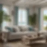 Elegant beach cottage couch with coastal decor
