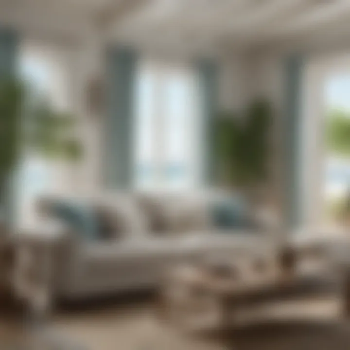 Elegant beach cottage couch with coastal decor