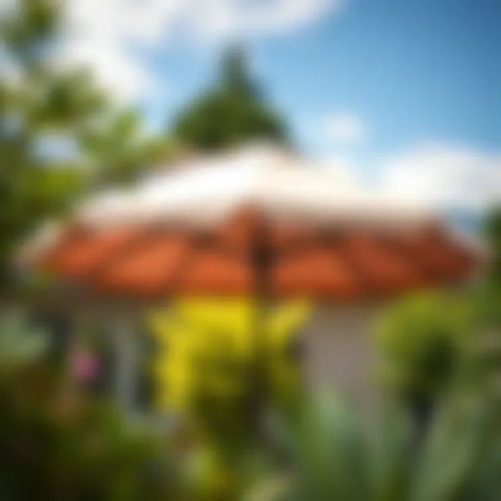 Functional patio umbrella providing shade in a garden setting