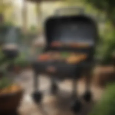 Charcoal Grill Surrounded by Fresh Ingredients A high-quality charcoal grill emitting smoke, surrounded by fresh ingredients and outdoor decor