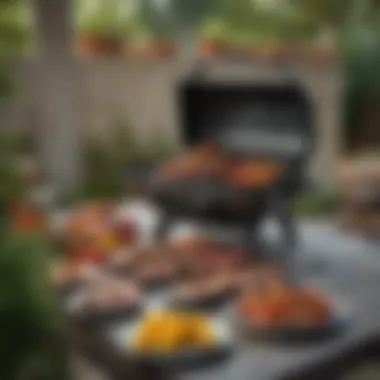 Electric Grill on a Patio with Grilled Delicacies An electric barbecue grill showcased on a patio, with a vibrant array of grilled vegetables and meats