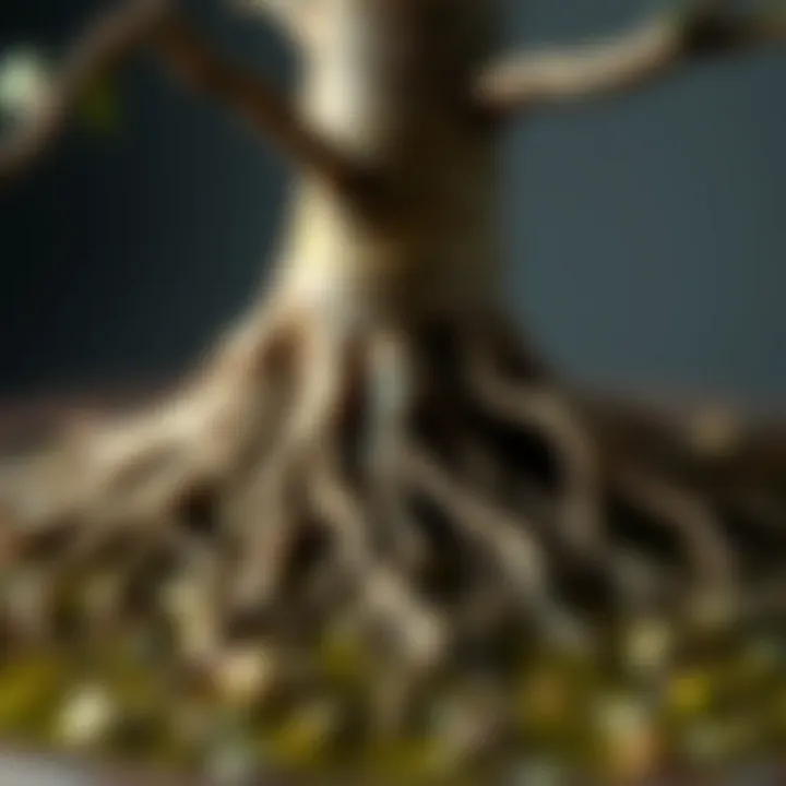 Close-up view of bonsai tree roots illustrating their delicate structure