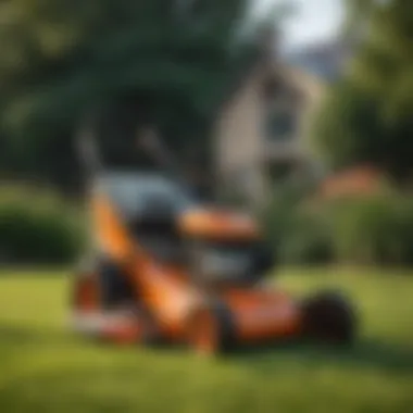 Compact lightweight lawn mower in action on a vibrant lawn