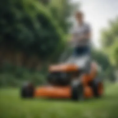 A person effortlessly maneuvering a lightweight lawn mower