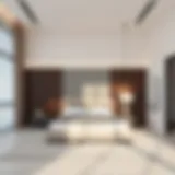 A sleek modern bedroom set featuring a minimalist design with neutral colors