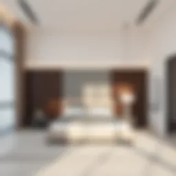 A sleek modern bedroom set featuring a minimalist design with neutral colors