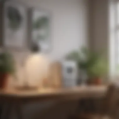 Serene Workspace with Air Purifier A serene workspace enhanced by an air purifier