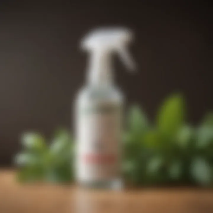 A pest control spray bottle labeled with natural ingredients, including peppermint oil.