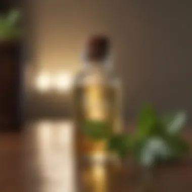 Pure Peppermint Oil A clear glass bottle filled with pure peppermint oil placed on a wooden surface.