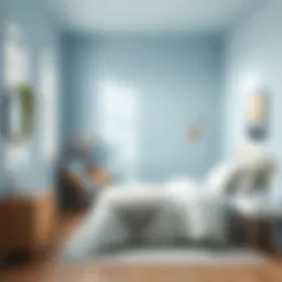 A serene small bedroom painted in light blue, showcasing tranquility and spaciousness.