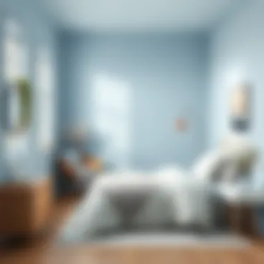 A serene small bedroom painted in light blue, showcasing tranquility and spaciousness.