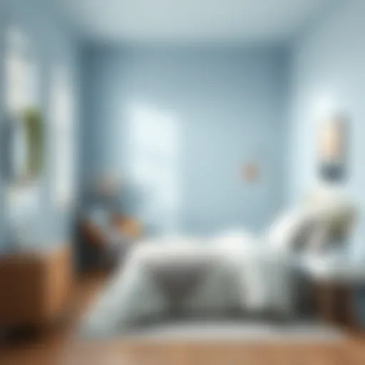 A serene small bedroom painted in light blue, showcasing tranquility and spaciousness.