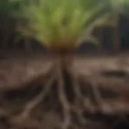 A close-up view of healthy plant roots in moist soil, illustrating the importance of water for plant vitality