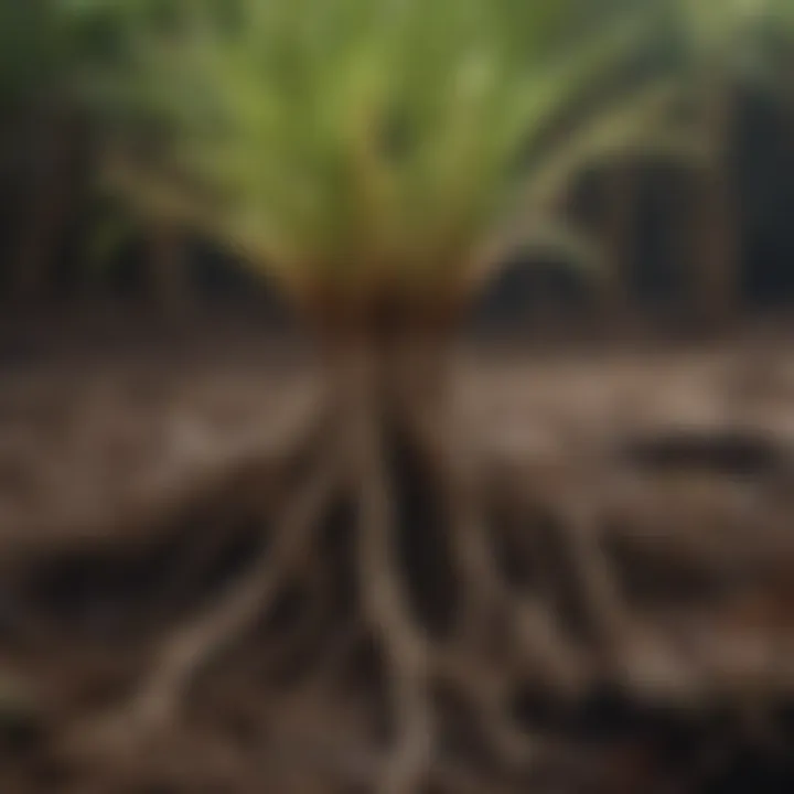 A close-up view of healthy plant roots in moist soil, illustrating the importance of water for plant vitality