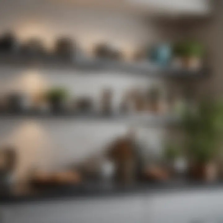 Elegant open shelving in a modern kitchen showcasing decorative dishware and plants.