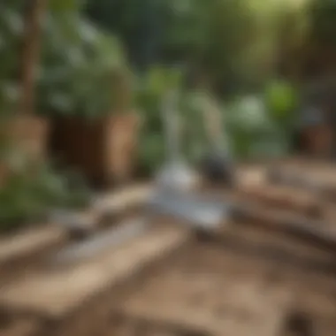 Close-up of different types of garden border tools laid out on a wooden surface.