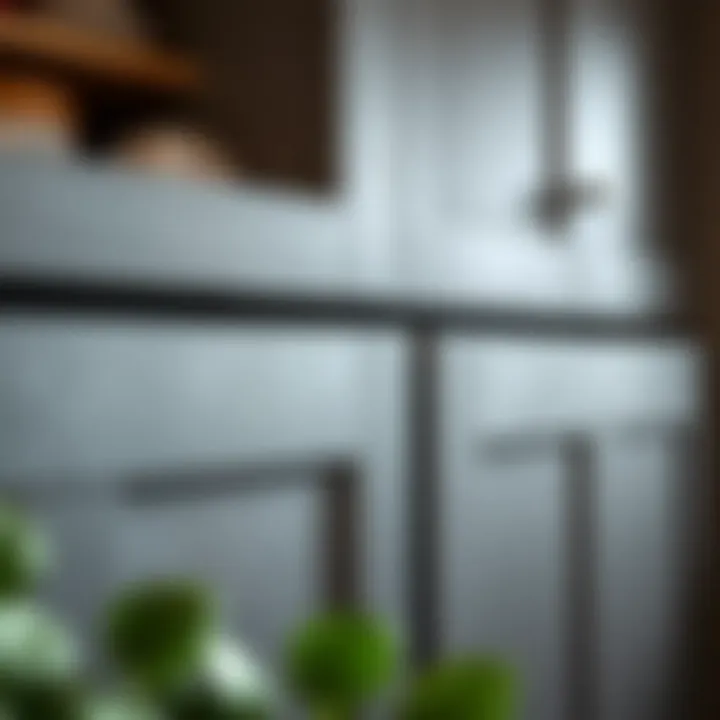 Close-up of textured zinc finish on kitchen cabinetry