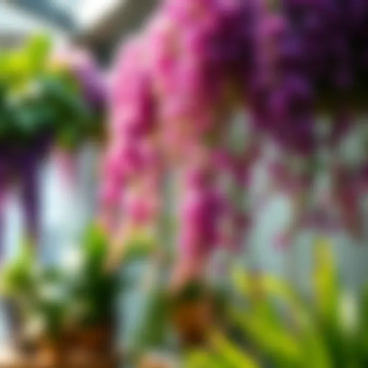 Stunning display of cascading purple flowered hanging plants