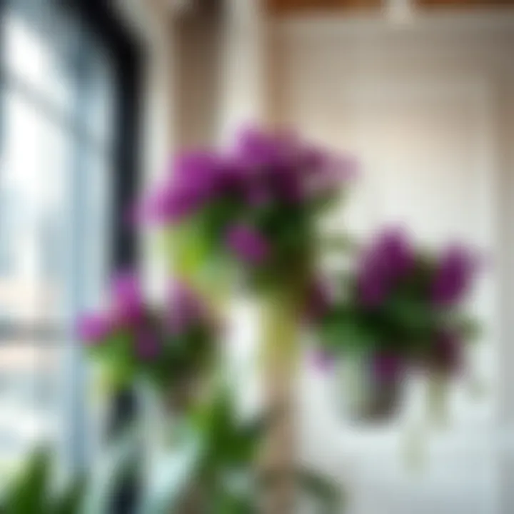 Hanging plants with purple flowers enhancing a modern interior decor