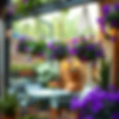 Outdoor patio adorned with various hanging plants showcasing purple flowers
