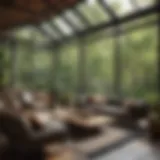 A modern three-season room featuring large windows and stylish furniture.