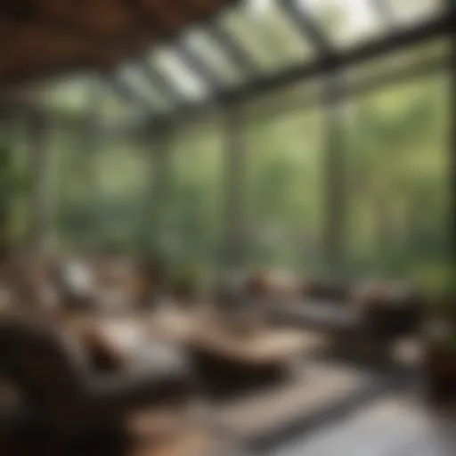 A modern three-season room featuring large windows and stylish furniture.