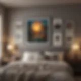 A creative arrangement of framed art prints on a bedroom wall, showcasing diverse themes and colors.