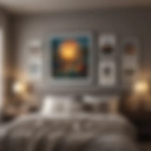 A creative arrangement of framed art prints on a bedroom wall, showcasing diverse themes and colors.