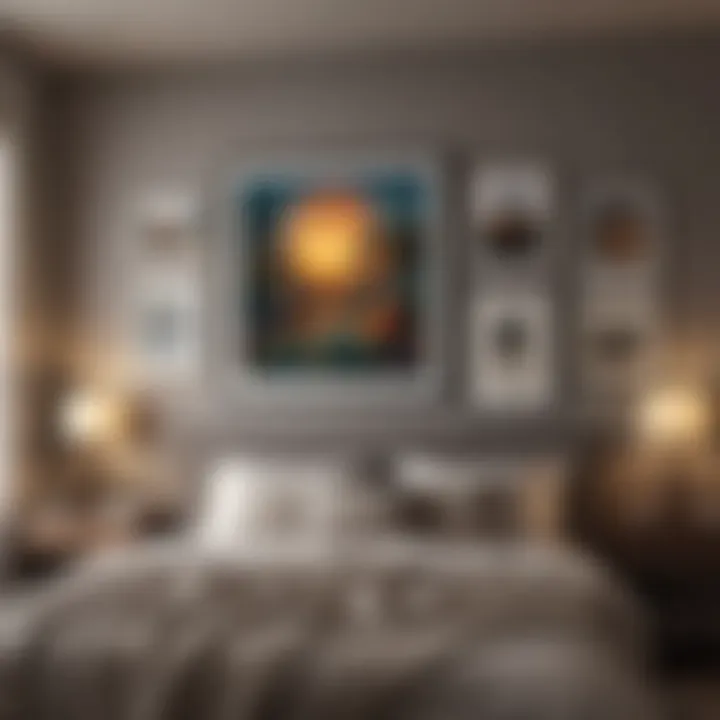 A creative arrangement of framed art prints on a bedroom wall, showcasing diverse themes and colors.