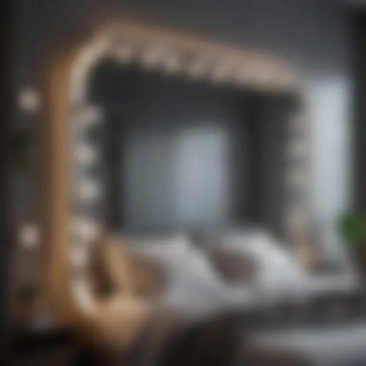 A wall adorned with various mirrors creating an illusion of space and light in a stylish bedroom.