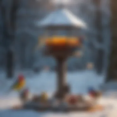 Colorful Birds at Winter Feeding Station Colorful birds gathered around a winter feeding station