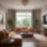 A beautifully arranged living room illustrating feng shui principles with harmonious colors and furniture placement.