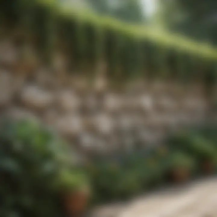 Elegant stone garden wall with climbing plants