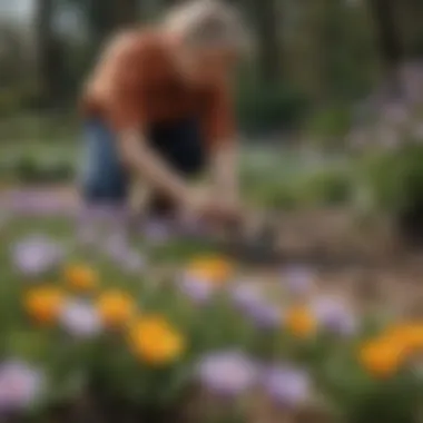 Caring for Crocus Flowers in Spring Gardener tending to crocus flowers
