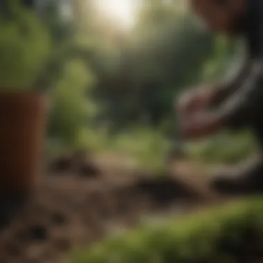 A gardener examining soil quality, surrounded by essential gardening tools for dill cultivation.