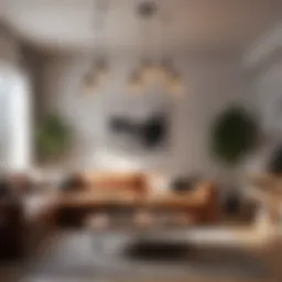 Modern pendant lights above a stylish coffee table