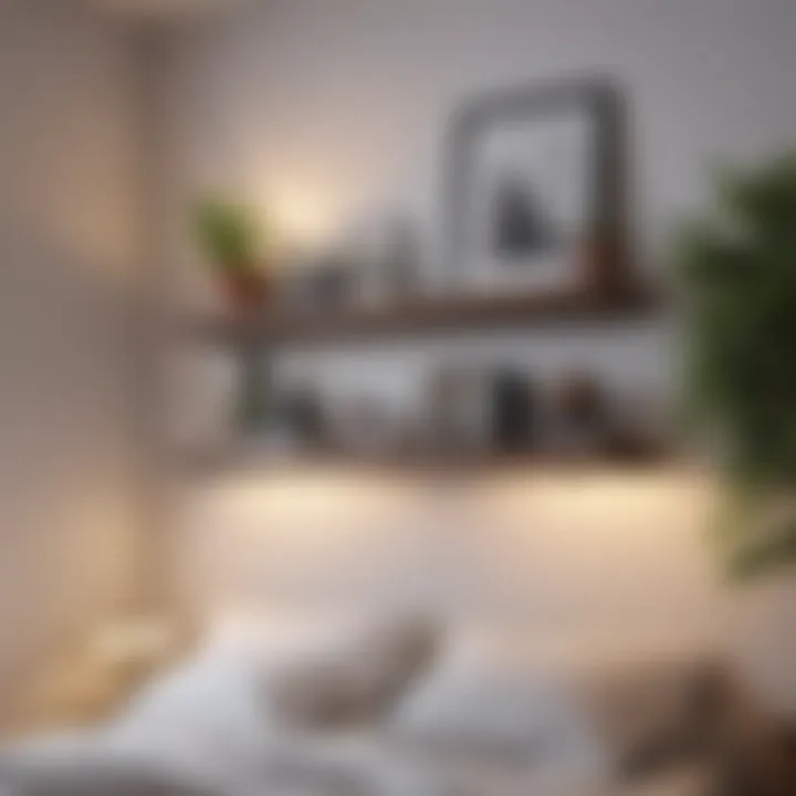 Creative arrangement of hanging shelves in a bedroom corner