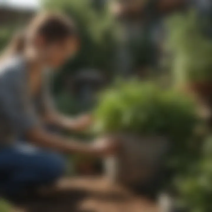 A gardener tending to a flourishing herb container garden