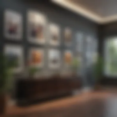 A vibrant gallery wall featuring an array of artwork and photographs.