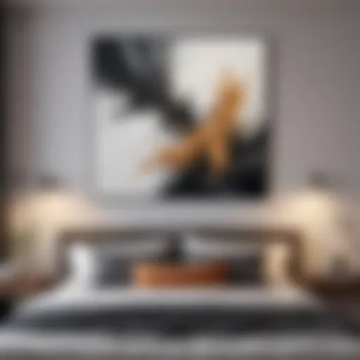 Elegant bedroom wall decoration featuring a large abstract painting