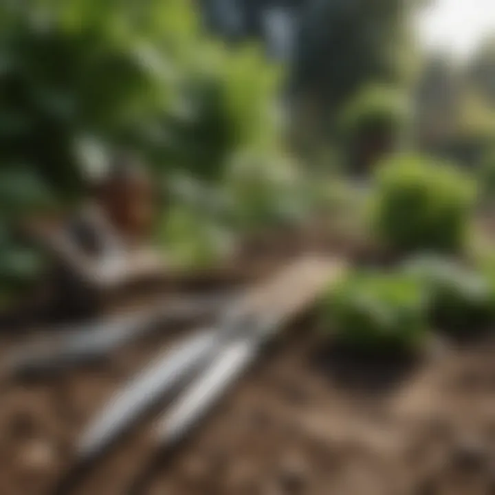 Gardening tools laid out for harvesting lettuce