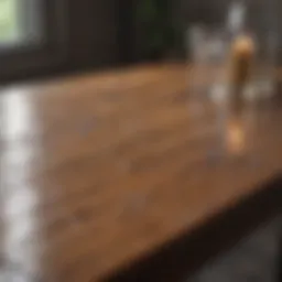 Detailed view of a wooden table with water spots