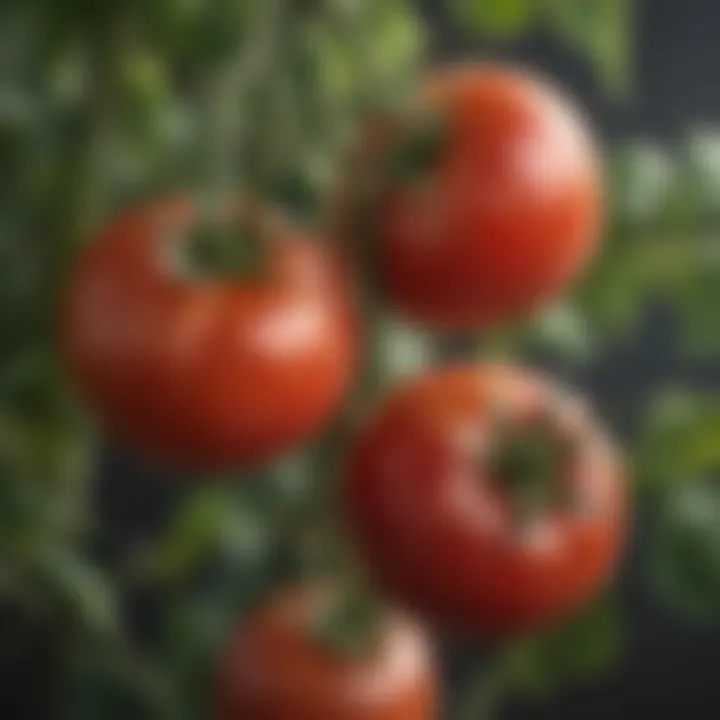 Close-up of ripe tomatoes on the vine, emphasizing ripeness and flavor richness